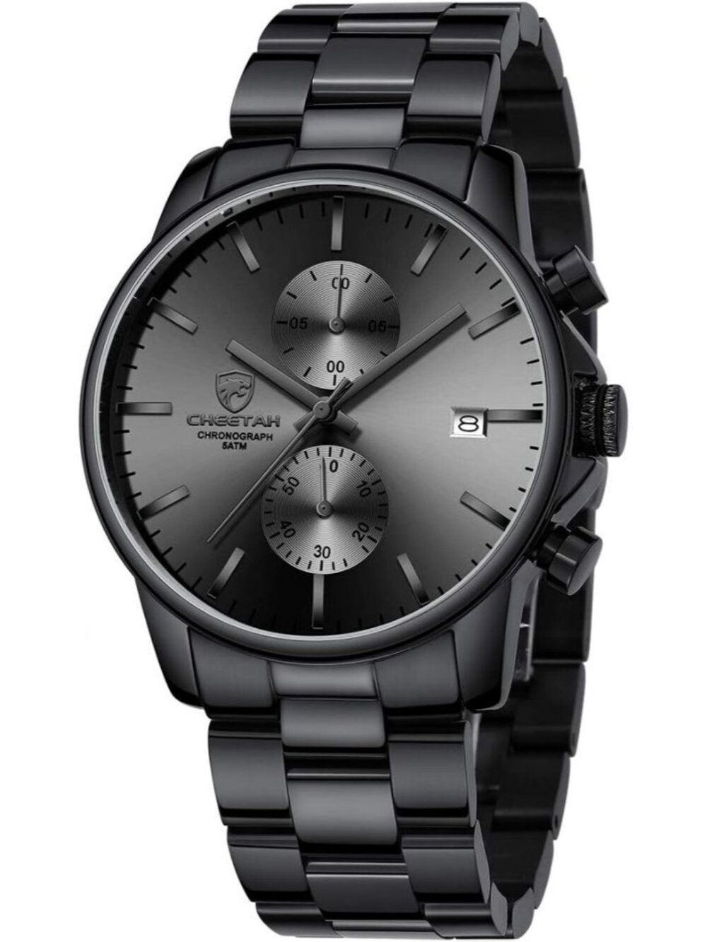 Men's Black Classic Stainless Steel Waterproof Chronograph Quartz Round Watch